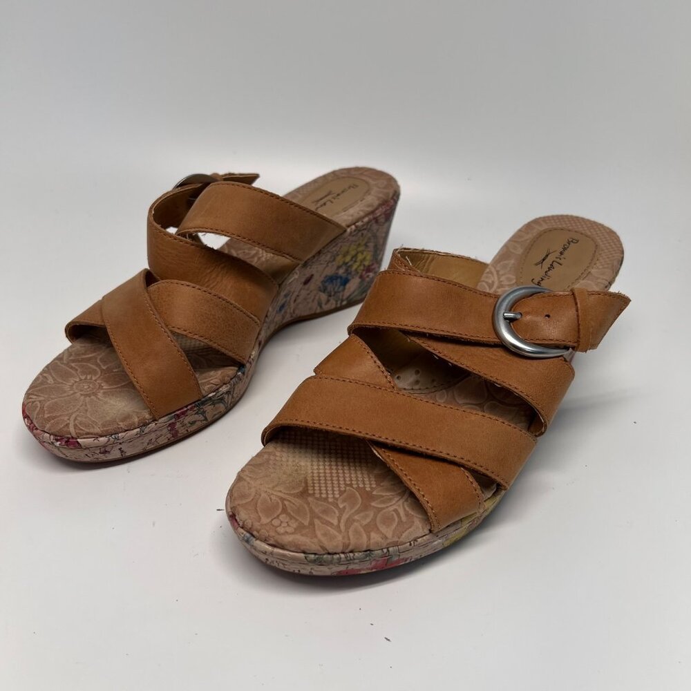 Brown's Landing Women's Brown Floral Cork Wedge Sandals Size 9M